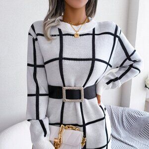 Plaid Round Neck Dropped Shoulder Sweater Dress
